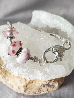 Lampwork Faceted Pink & White Troll Beads Bracelet Puffed Heart Clasp Sterling?